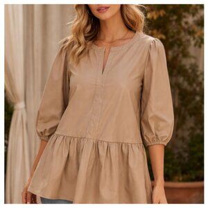 Mittoshop Taupe Faux Leather Peplum Top Puff Sleeve Boho Chic Blouse Size Vegan